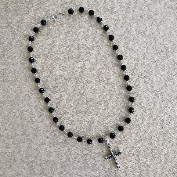 CROSS STERLING SILVER NECKLACE HANDMADE BEADED - Picture 3 of 3